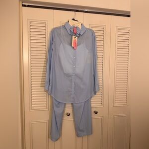 Women's 3-Piece Stripe Casual Shirt, Tank & Pant Set With Scrunchie NWT Small